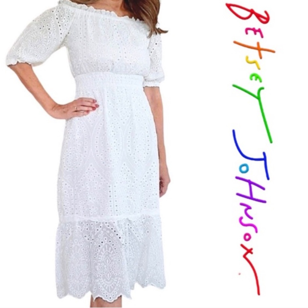 Betsy‎ Johnson Off the Shoulder Cotton MIDI Dress White Cottagecore Extra Small